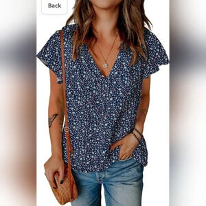 Boho Navy Floral V Neck Short Sleeve Medium Blouse
